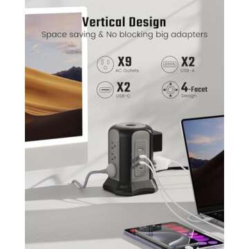 Power Strip Tower Surge Protector, SUPERDANNY Desktop Charging Station, 10 Ft Extension Cord, 9 Outlets, 4 USB Ports, 1080 Joules, 3-Prong, Grounded, Multiple Protections for Home, Office, Black