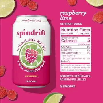 Spindrift Sparkling Water, Raspberry Lime Flavored, Made with Real Squeezed Fruit, Only 9 Calories per Can, 12 Fl Oz Cans, Pack of 24