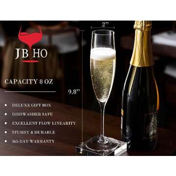 JBHO Champagne Glasses-Elegant Flutes-Gift-Box-Hand Blown Champagne Flutes Glass-100% Lead-Free Premium Crystal - Gift Idea for Wedding, Anniversary, Christmas,New Year-Set of 4-8oz, Clear