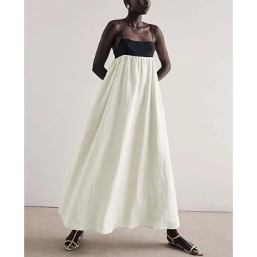 Stylish Black and Beige Spaghetti Strap Maxi Dress for Women