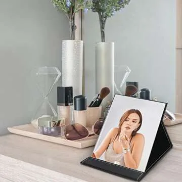 EFAILY Folding Travel Mirror, PU Portable Adjustable Rectangular Ultrathin Mirror, for Travel, Camping,Home(6.4W×5.3L)