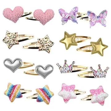 Sparkly Gingbiss Hair Clips for Girls - 8 Pairs of Star, Crown, Heart, Butterfly Barrettes