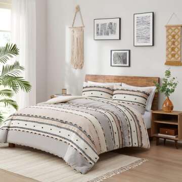 Hyde Lane Boho Queen Comforter Set, Modern Farmhouse Full Size Bedding, Cotton Top with Neutral Rustic Clipped Jacquard Stripes, Tufted Bed Sets, 3-Pieces Including Matching Pillow Shams (90" x 90")