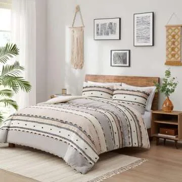 Hyde Lane Boho Queen Comforter Set, Modern Farmhouse Full Size Bedding, Cotton Top with Neutral Rustic Clipped Jacquard Stripes, Tufted Bed Sets, 3-Pieces Including Matching Pillow Shams (90" x 90")