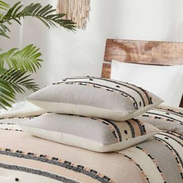 Hyde Lane Boho Queen Comforter Set, Modern Farmhouse Full Size Bedding, Cotton Top with Neutral Rustic Clipped Jacquard Stripes, Tufted Bed Sets, 3-Pieces Including Matching Pillow Shams (90" x 90")