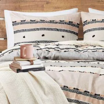 Hyde Lane Boho Queen Comforter Set, Modern Farmhouse Full Size Bedding, Cotton Top with Neutral Rustic Clipped Jacquard Stripes, Tufted Bed Sets, 3-Pieces Including Matching Pillow Shams (90" x 90")