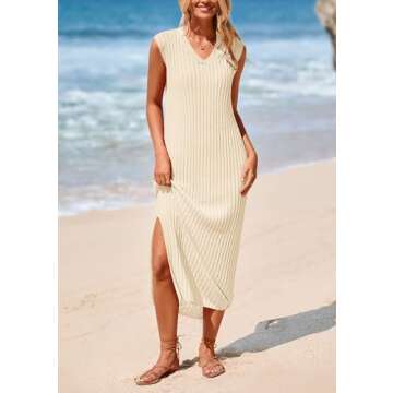 PRETTYGARDEN Women's 2025 Summer Casual Maxi Dresses Ribbed Knit Sleeveless V Neck 2 Piece Outfits with Slip Under Dress (Apricot,Small)