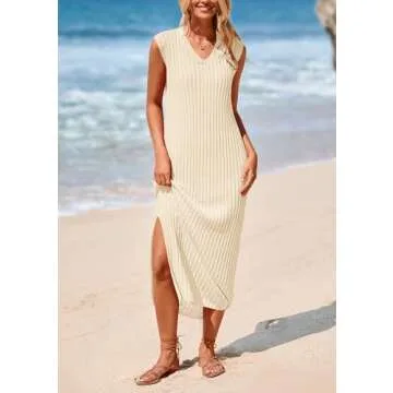 PRETTYGARDEN Women's 2025 Summer Casual Maxi Dresses Ribbed Knit Sleeveless V Neck 2 Piece Outfits with Slip Under Dress (Apricot,Small)