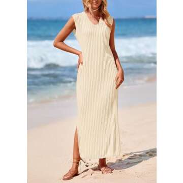 PRETTYGARDEN Women's 2025 Summer Casual Maxi Dresses Ribbed Knit Sleeveless V Neck 2 Piece Outfits with Slip Under Dress (Apricot,Small)