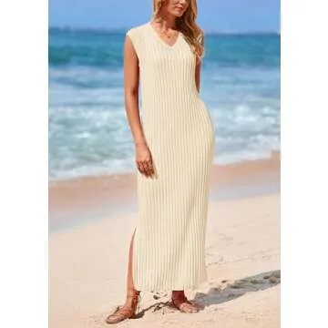 PRETTYGARDEN Women's 2025 Summer Casual Maxi Dresses Ribbed Knit Sleeveless V Neck 2 Piece Outfits with Slip Under Dress (Apricot,Small)