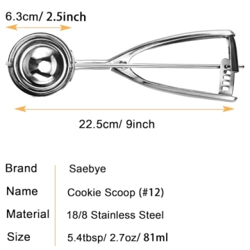 Large Cookie Scoop, 5.4 Tbsp/ 2.7 OZ, 2.5 inch/ 63MM Ball, 18/8 Stainless Steel Ice Cream Scoop, Cup...