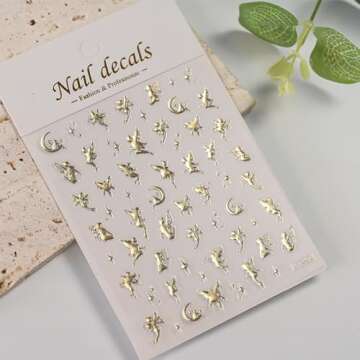 Gold Elf Nail Stickers - 5D Embossed Champagne Gold Nail Art Stickers Cute Elf Girls Stickers for Na...