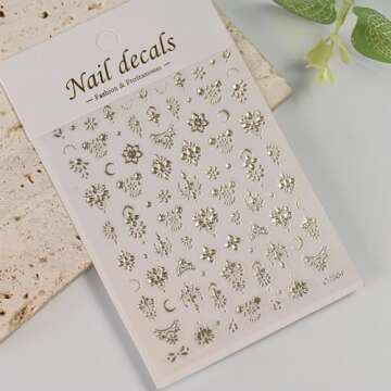 Gold Elf Nail Stickers - 5D Embossed Champagne Gold Nail Art Stickers Cute Elf Girls Stickers for Nail Art Gold French Moon Heart Flower Designs Nail Decals 4pcs Nail Accessories for Manicure Decor