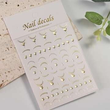 Gold Elf Nail Stickers - 5D Embossed Champagne Gold Nail Art Stickers Cute Elf Girls Stickers for Nail Art Gold French Moon Heart Flower Designs Nail Decals 4pcs Nail Accessories for Manicure Decor