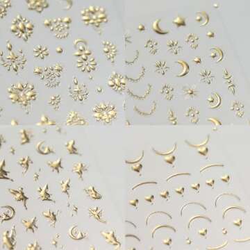 Gold Elf Nail Stickers - 5D Embossed Champagne Gold Nail Art Stickers Cute Elf Girls Stickers for Nail Art Gold French Moon Heart Flower Designs Nail Decals 4pcs Nail Accessories for Manicure Decor