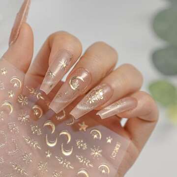 Gold Elf Nail Stickers - 5D Embossed Champagne Gold Nail Art Stickers Cute Elf Girls Stickers for Nail Art Gold French Moon Heart Flower Designs Nail Decals 4pcs Nail Accessories for Manicure Decor