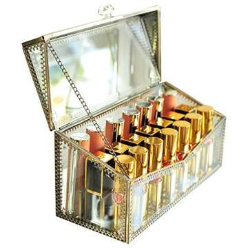 Antique Brass Glass Lipstick Organizer 24 Slots/Vintage Handmade Lipstick Holder with Lid/Dustproof Lip Gloss Organizer Vintage Lip Gloss Display/Vanity Decoration for Dresser Countertop