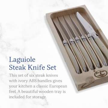Jean Dubost Laguiole 6-Piece Steak Knife Set, Ivory Handles - 1.2 mm Blades - Rust-Resistant Stainle...