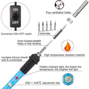 9-in-1 Soldering Kits, [Upgraded] 60W Adjustable Temperature Welding Tool with ON-Off Switch, 5pcs Soldering Iron Tips, Solder Wire, Y Type Soldering Iron Stand (Light Blue)