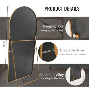 Beauty4U 76" x 37" Large Arch Full Length Mirror with Stand, Gold Wall Mounting Full Body Tempered M...