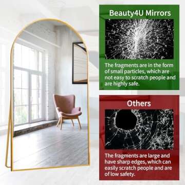Beauty4U 76" x 37" Large Arch Full Length Mirror with Stand, Gold Wall Mounting Full Body Tempered Mirror, Metal Frame Full-Length Mirror for Living Room, Bedroom