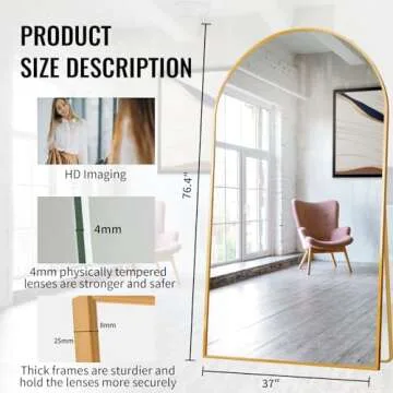 Beauty4U 76" x 37" Large Arch Full Length Mirror with Stand, Gold Wall Mounting Full Body Tempered Mirror, Metal Frame Full-Length Mirror for Living Room, Bedroom