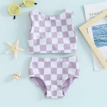AEEMCEM Toddler Baby Girl Swimsuit Checkered Reversible Two Piece Bathing Suit Swimwear Bikini Set Summer Beach Wear (A-Purple, 6-12 Months)