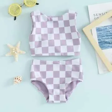 AEEMCEM Toddler Baby Girl Swimsuit Checkered Reversible Two Piece Bathing Suit Swimwear Bikini Set Summer Beach Wear (A-Purple, 6-12 Months)