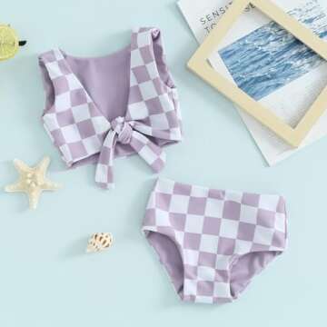AEEMCEM Toddler Baby Girl Swimsuit Checkered Reversible Two Piece Bathing Suit Swimwear Bikini Set Summer Beach Wear (A-Purple, 6-12 Months)