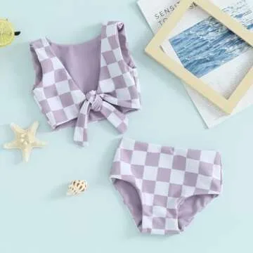 AEEMCEM Toddler Baby Girl Swimsuit Checkered Reversible Two Piece Bathing Suit Swimwear Bikini Set Summer Beach Wear (A-Purple, 6-12 Months)