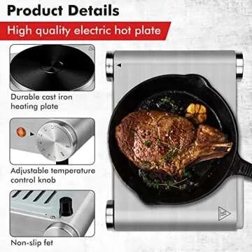 CUSIMAX Electric Hot Plate 1500W Single Burner Cast Iron Hot Plates for cooking Portable Stove Electric Burner with Adjustable Temperature Control Silver Stainless Steel Non-Slip Rubber Feet