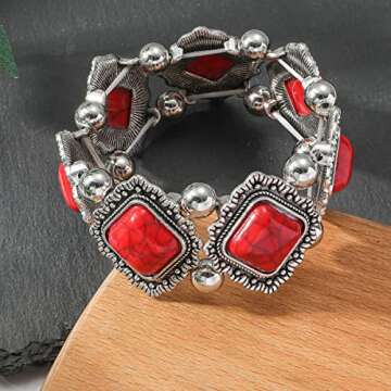 COLORFUL BLING Bohemian Simulated Turquoise Stretch Bangle Bracelet for Women - Adjustable and Styli...