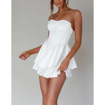 Yiulangde Women Y2k Ruffle Strapless Corset Dress Flowy A-line Mini Tube Dress Fairy Princess Party Gown Sexy Romper Dress White