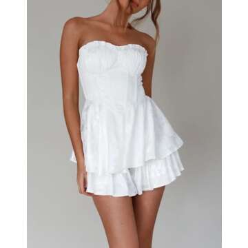 Yiulangde Women Y2k Ruffle Strapless Corset Dress Flowy A-line Mini Tube Dress Fairy Princess Party Gown Sexy Romper Dress White