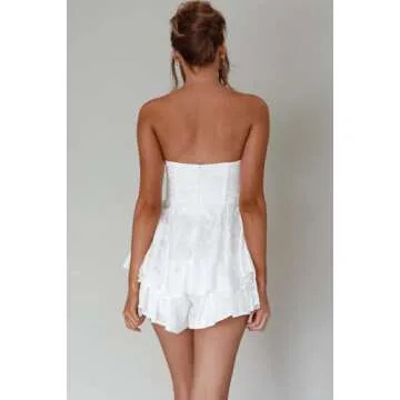 Yiulangde Women Y2k Ruffle Strapless Corset Dress Flowy A-line Mini Tube Dress Fairy Princess Party Gown Sexy Romper Dress White