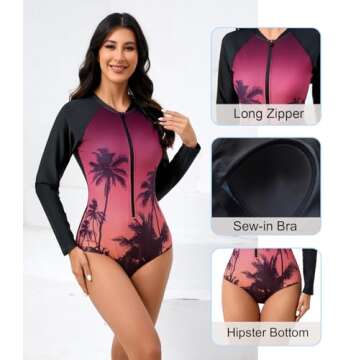 Halcurt Women's Long Sleeve One Piece Rash Guard Swimsuit Zip Front UPF50+ Surfing Swimwear Pink Sun...