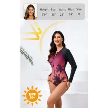 Halcurt Women's Long Sleeve One Piece Rash Guard Swimsuit Zip Front UPF50+ Surfing Swimwear Pink Sunset 2XL