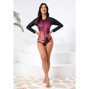 Halcurt Women's Long Sleeve One Piece Rash Guard Swimsuit Zip Front UPF50+ Surfing Swimwear Pink Sunset 2XL