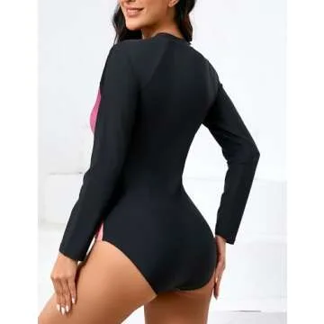 Halcurt Women's Long Sleeve One Piece Rash Guard Swimsuit Zip Front UPF50+ Surfing Swimwear Pink Sunset 2XL