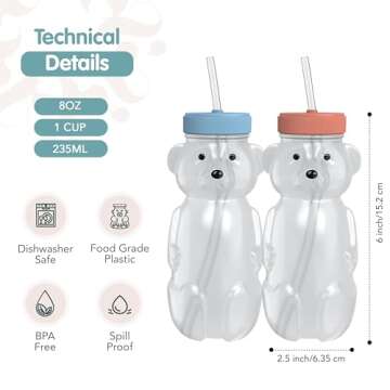 The 730 Project Honey Bear Straw Cup for Babies, 8oz Honey Bear Cup with Travel Lid, 2-Pack Therapy Learning Honeybear Straw Cup, Baby Honey Bear Bottle Set, Blueberry Pie & Firetruck