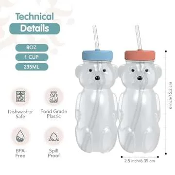 The 730 Project Honey Bear Straw Cup for Babies, 8oz Honey Bear Cup with Travel Lid, 2-Pack Therapy Learning Honeybear Straw Cup, Baby Honey Bear Bottle Set, Blueberry Pie & Firetruck