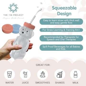 The 730 Project Honey Bear Straw Cup for Babies, 8oz Honey Bear Cup with Travel Lid, 2-Pack Therapy Learning Honeybear Straw Cup, Baby Honey Bear Bottle Set, Blueberry Pie & Firetruck