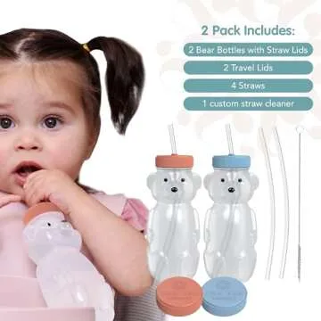 The 730 Project Honey Bear Straw Cup for Babies, 8oz Honey Bear Cup with Travel Lid, 2-Pack Therapy Learning Honeybear Straw Cup, Baby Honey Bear Bottle Set, Blueberry Pie & Firetruck