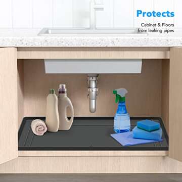 Under Sink Mats for Kitchen Waterproof, 34" x 22" Undersink Mats for Bottom of Kitchen Bathroom Sink, Thick Under Sink Drip Tray for Leaks and Spills, Easy to Install, Clean and Customizable-Dark Gray