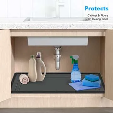 Under Sink Mats for Kitchen Waterproof, 34" x 22" Undersink Mats for Bottom of Kitchen Bathroom Sink, Thick Under Sink Drip Tray for Leaks and Spills, Easy to Install, Clean and Customizable-Dark Gray