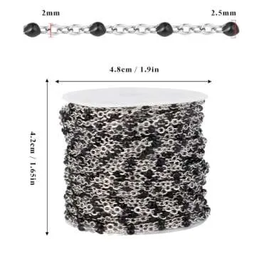 33 Feet Stainless Steel Enamel Chains Bulk, 2mm 304 Stainless Steel Black Enamel Beaded Cable Link Chain Roll Spool for Jewelry Making