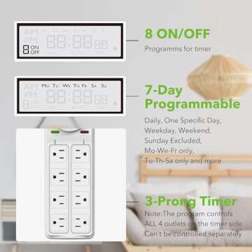 BN-LINK 8 Outlet Surge Protector with 7-Day Digital Timer (4 Outlets Timed, 4 Outlets Always On) - White