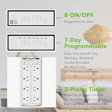 BN-LINK 8 Outlet Surge Protector with 7-Day Digital Timer (4 Outlets Timed, 4 Outlets Always On) - White