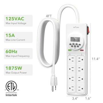 BN-LINK 8 Outlet Surge Protector with 7-Day Digital Timer (4 Outlets Timed, 4 Outlets Always On) - White