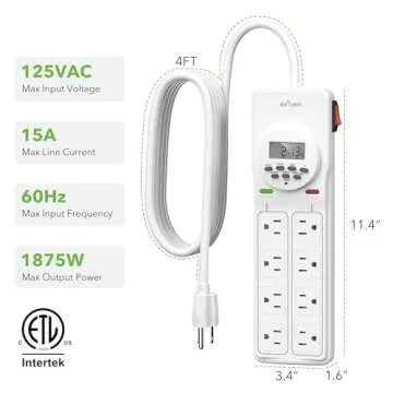 BN-LINK 8 Outlet Surge Protector with 7-Day Digital Timer (4 Outlets Timed, 4 Outlets Always On) - White